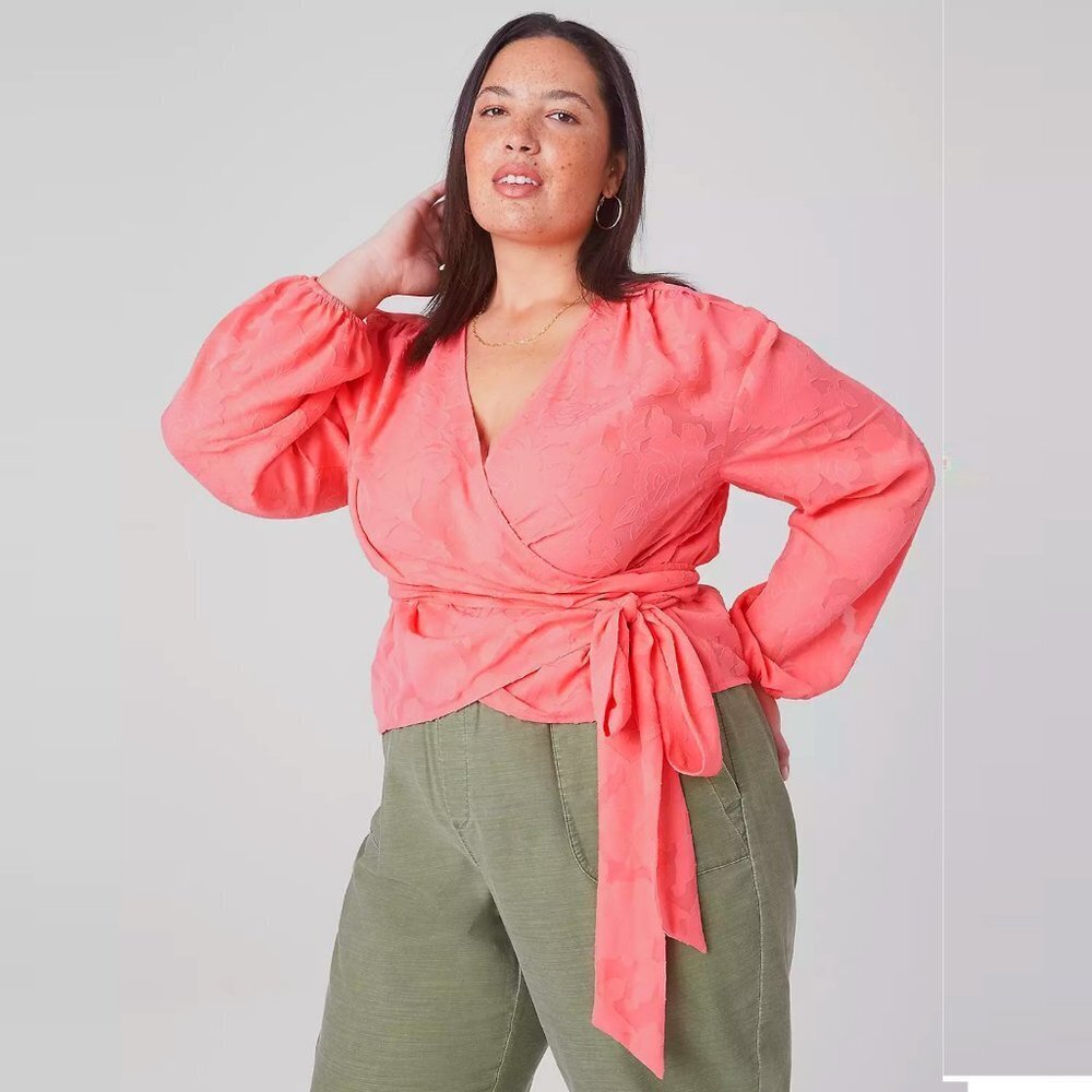 New Lane Bryant Classic Crop Sheer Full-Wrap Coral Long Sleeve Top Size 26